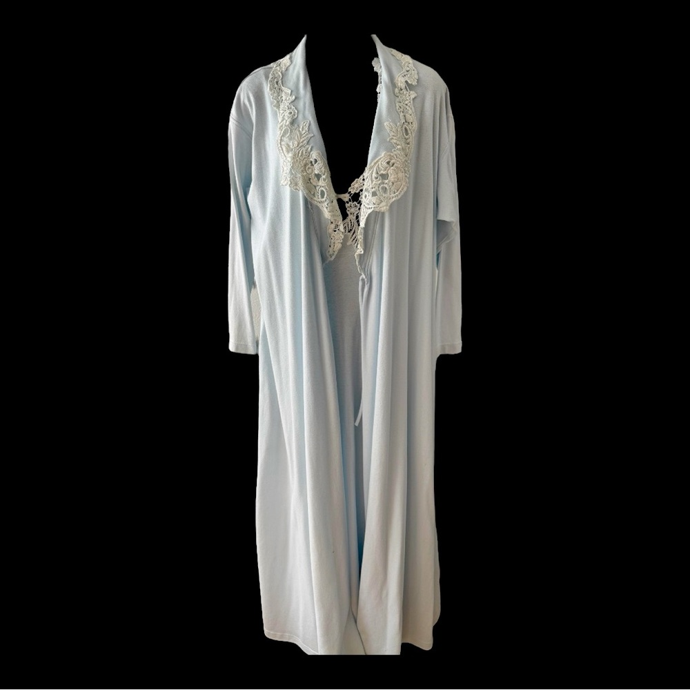 VERENA vintage pale blue gown and robe with white lace, XS/S
